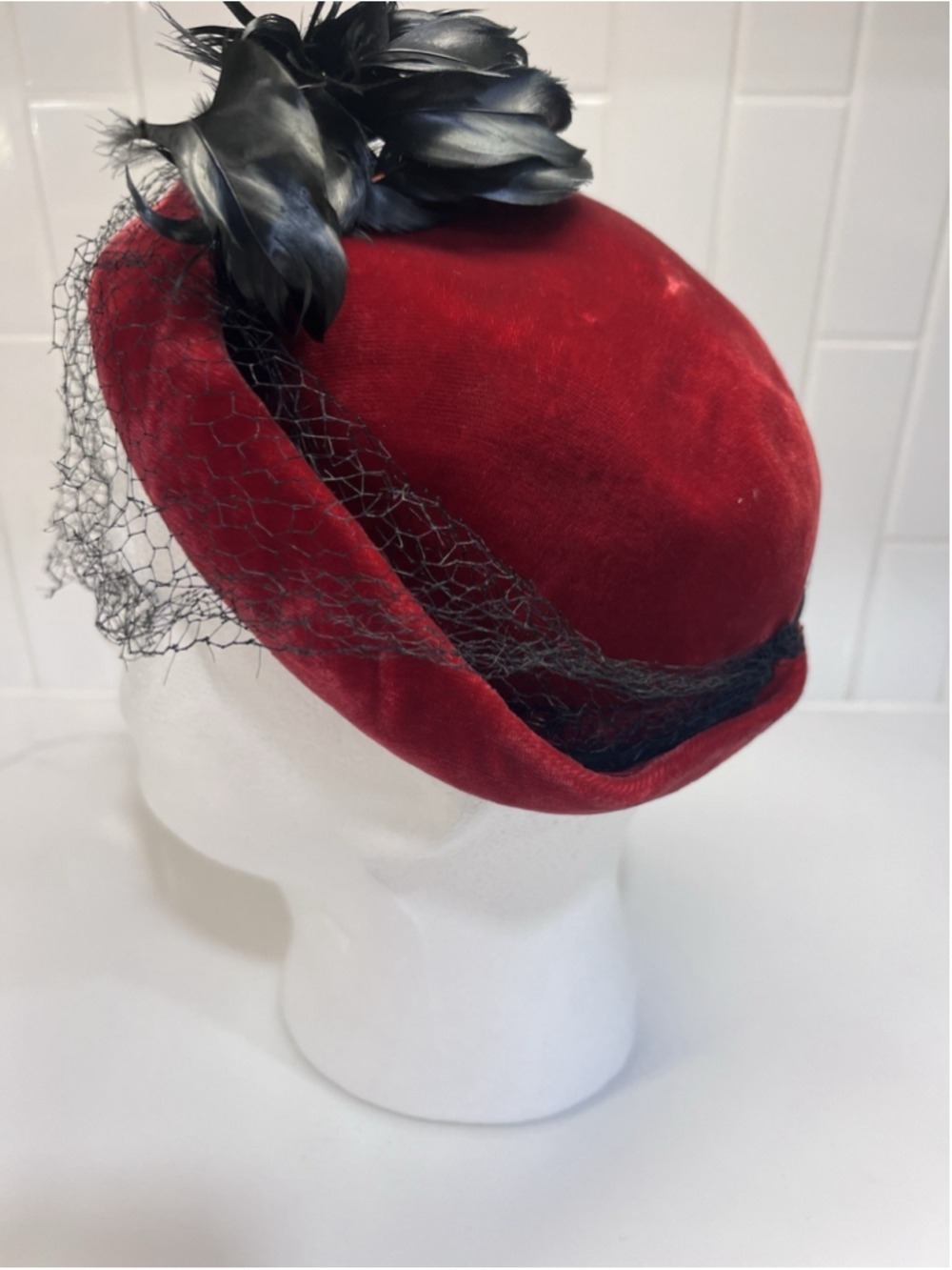Vintage Women’s Hat Red Velvet with Black Feathers & Birdcage Veil